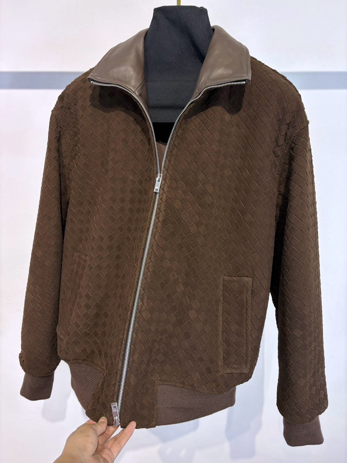 Falection FW26 Intrecciato Suede Blouson Jacket in Brown