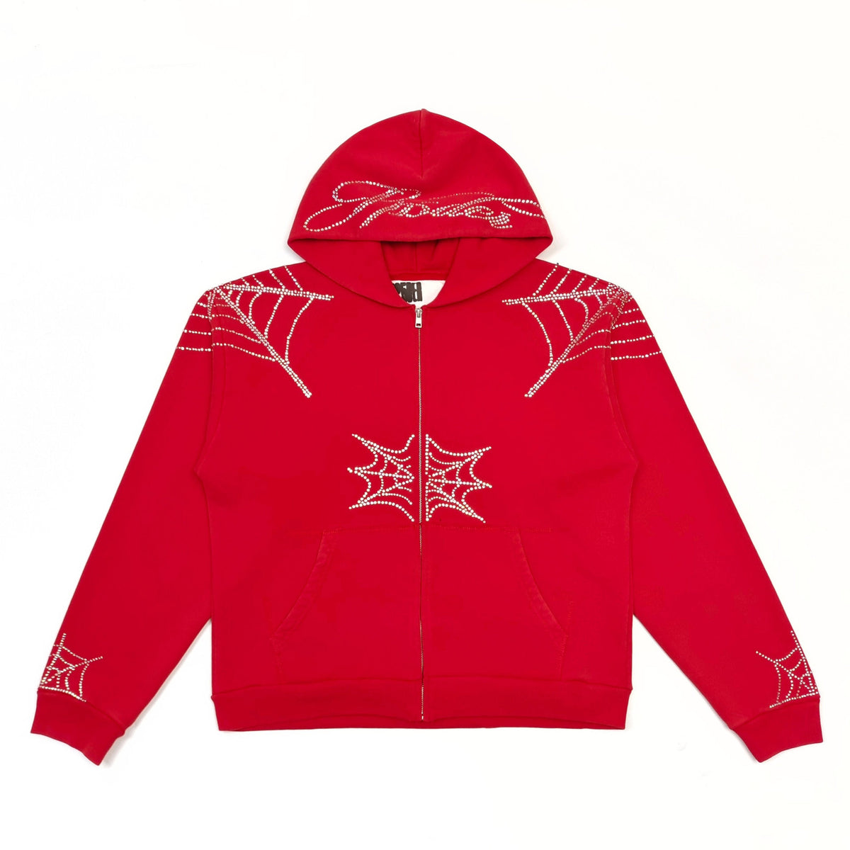 Falection Sp5der FW26 Rhinestone Web Zip Hoodie in Red