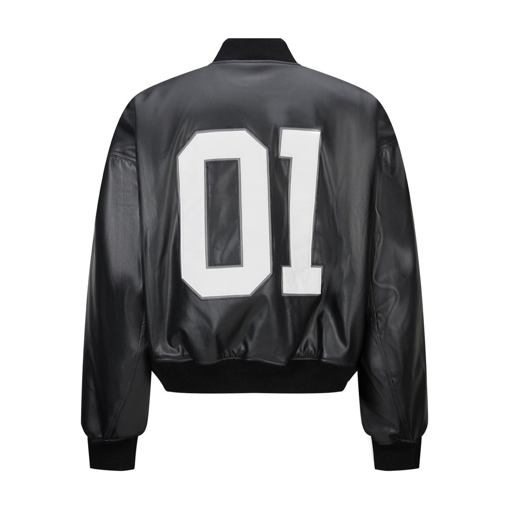 Falection FW26 Faux Leather Basketball Series Bomber Jacket
