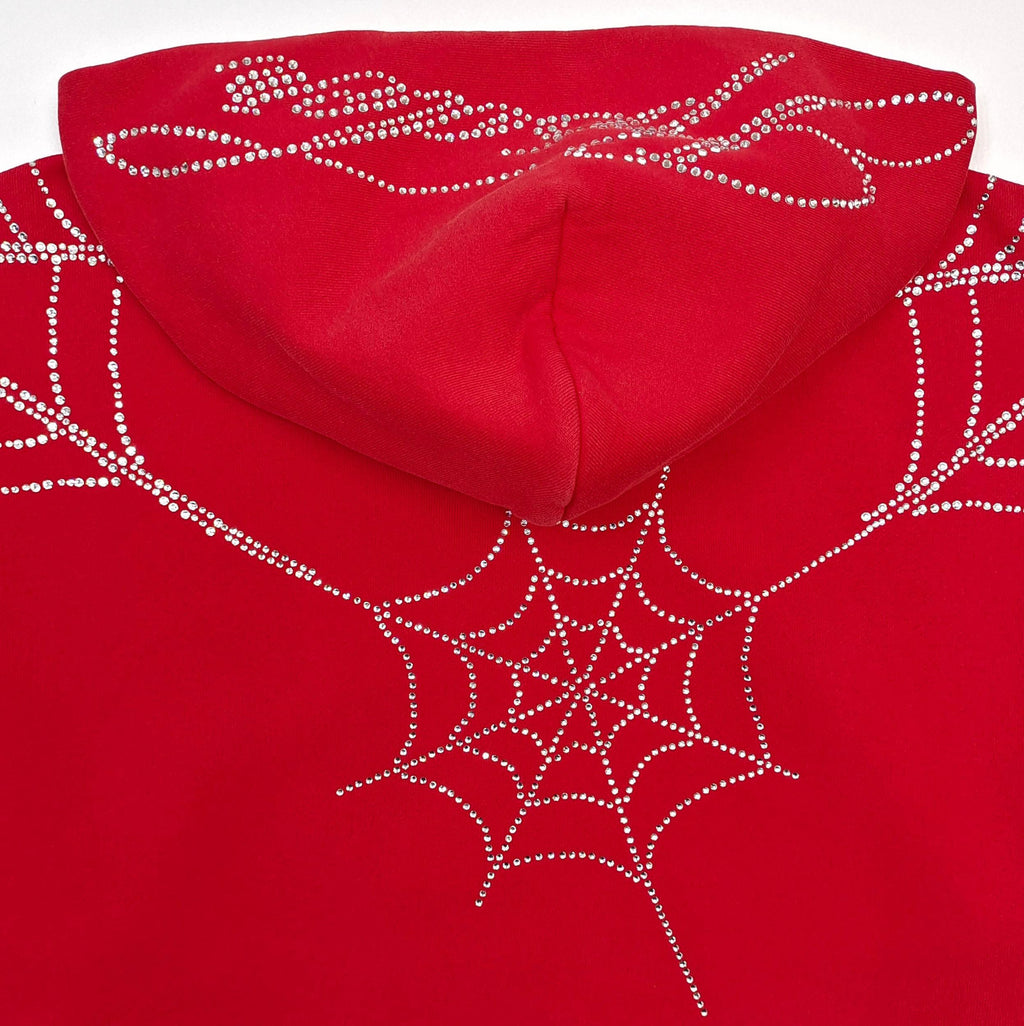 Falection Sp5der FW26 Rhinestone Web Zip Hoodie in Red