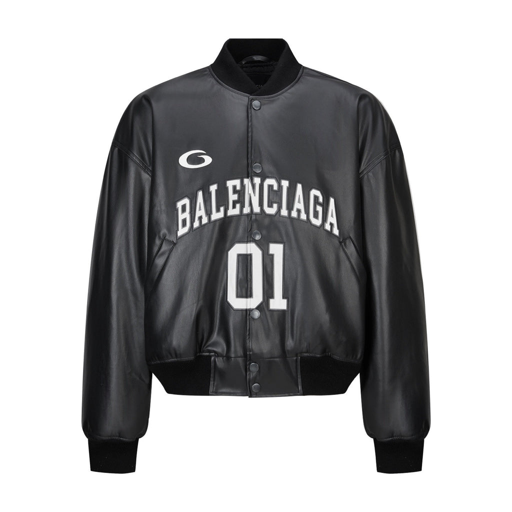 Falection FW26 Faux Leather Basketball Series Bomber Jacket