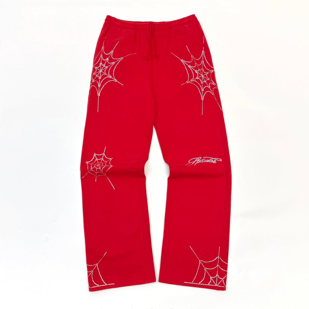 Falection Sp5der FW26 Rhinestone Embellished Sweatpants in Red