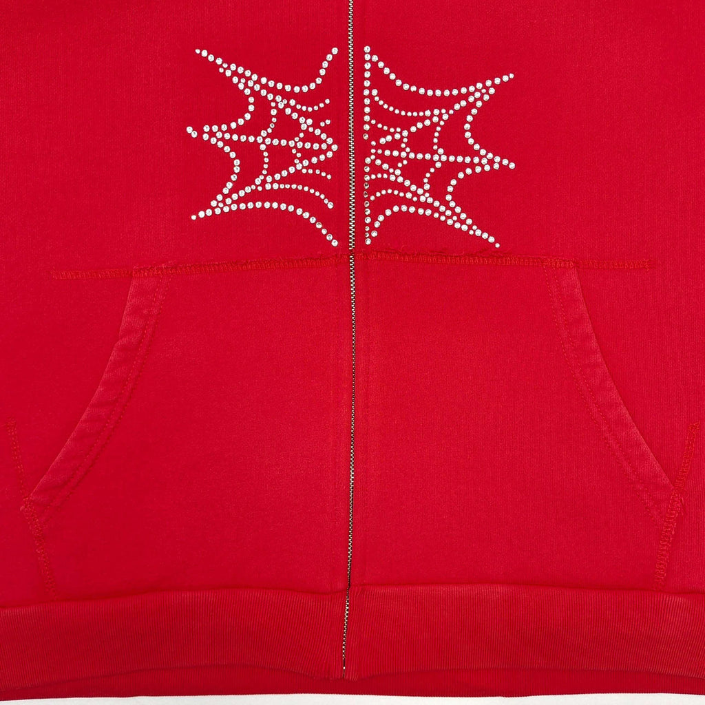 Falection Sp5der FW26 Rhinestone Web Zip Hoodie in Red