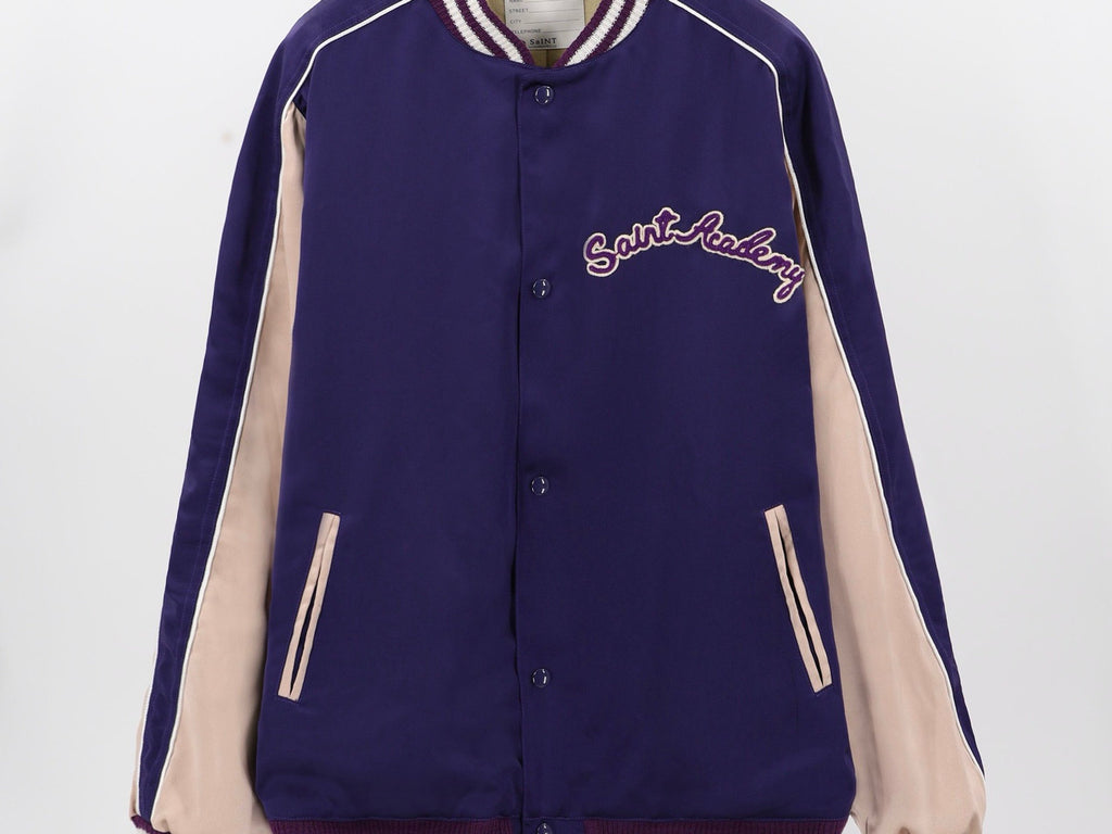 Falection FW26 Distressed Appliqued Satin Bomber Jacket